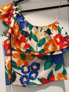 TCEC Floral One-Shoulder Top in Green, Orange and Yellow